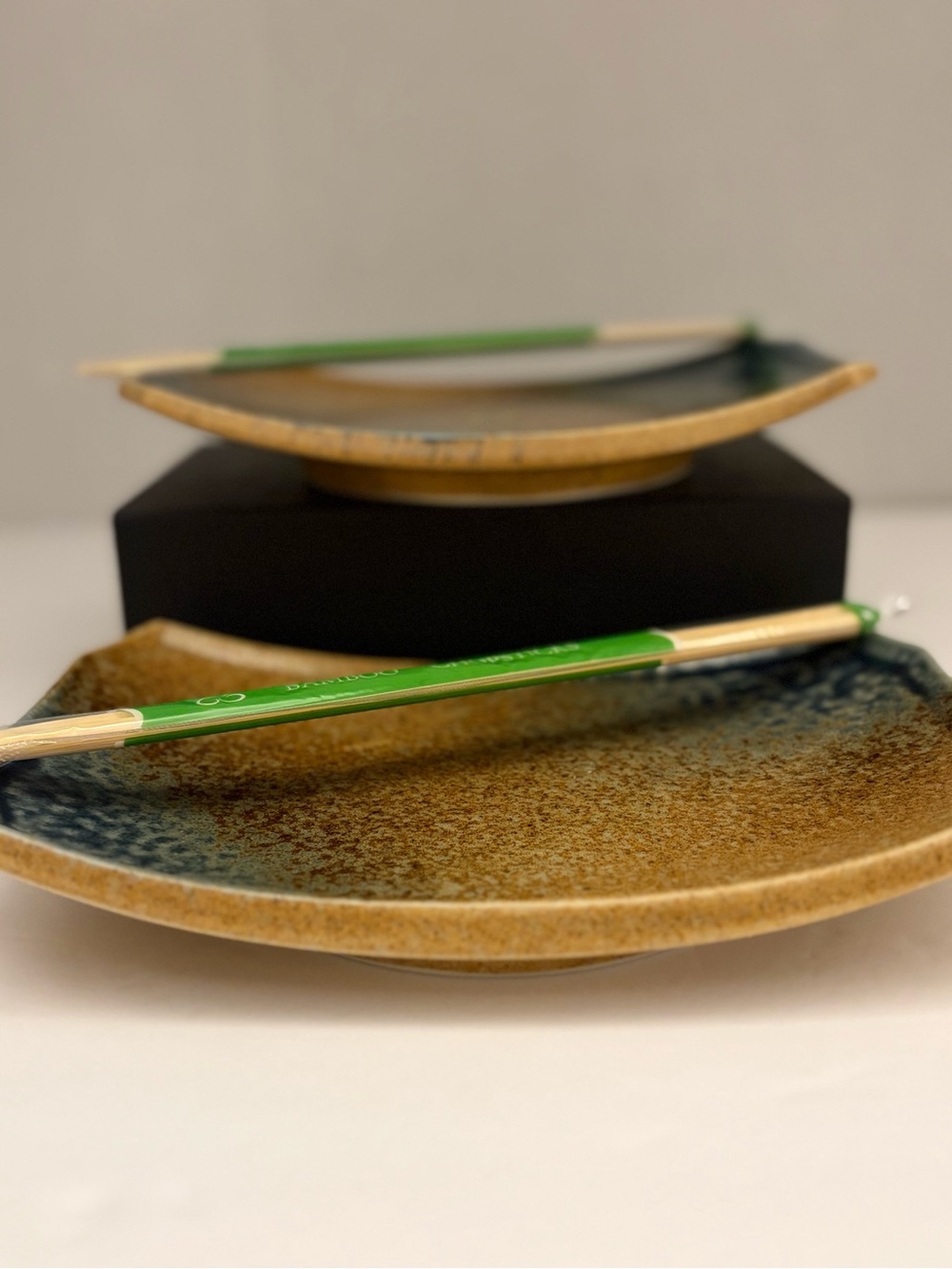 MINT NOS Vintage Miya Kafuh Japan Ceramic Sushi Platters Blue Brown Glaze - Pair